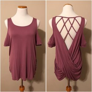 Mauve cold shoulder top. Open cutout back.